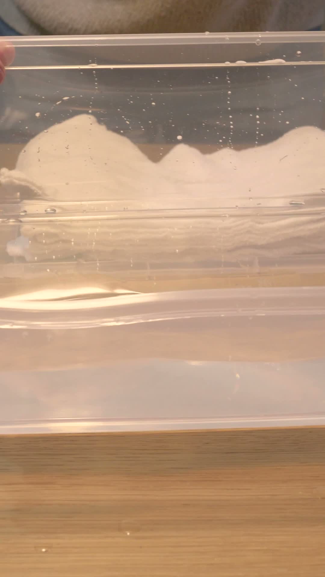 タオルを持ち上げて容器の水を確認する様子
