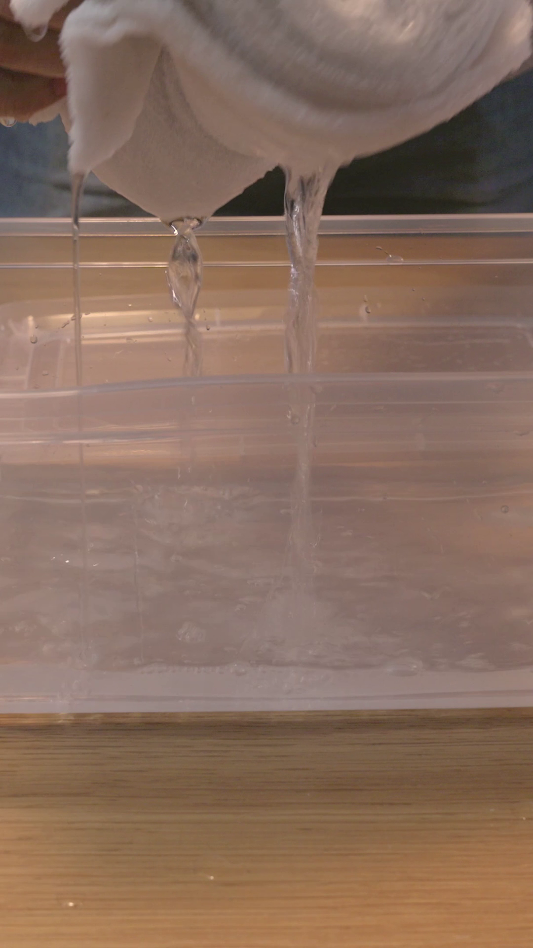 タオルを持ち上げて容器の水を確認する様子